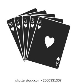 A hand of hearts playing cards including ten, jack, queen, king and ace to make a royal flush or straight flush in vector silhouette