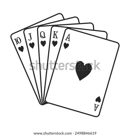 A hand of hearts playing cards including ten, jack, queen, king and ace to make a royal flush or straight flush in vector outline