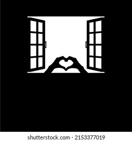 Hand Heart-Shaped on the Window Silhouette. Vector Illustration