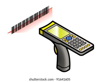 A hand held barcode scanner with keypad and screen.