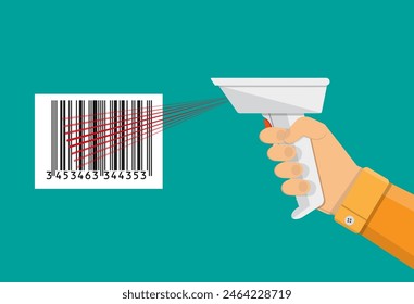 hand held barcode scanner. vector illustration in flat design on green background