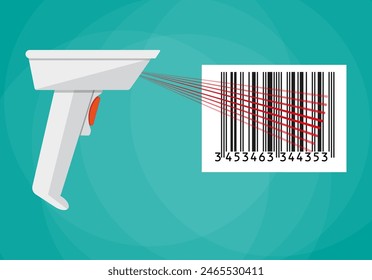 hand held barcode scanner. vector illustration in flat design on green background