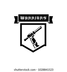 hand held broken sword warrior logo design with shield shape.