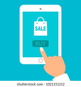 Hand held computer gadget. Online shopping. Flat style vector