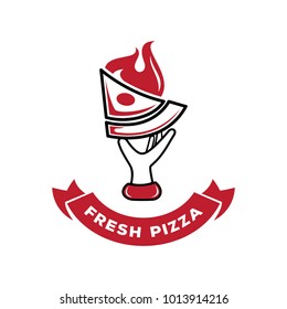 hand held fresh pizza with fire logo design vector illustration
