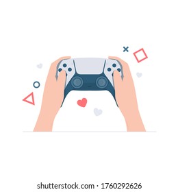 Hand held game controller vector flat illustration, people play video game concept illustration, new controller flat vector