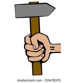 Hand held hammer. Cartoon. Flat.