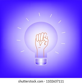 The hand held up in the light bulb is a concept of freedom of thought and ideas. 
New ideas bring new innovations. Good ideas increases opportunities and success. 