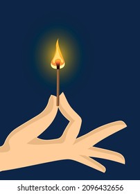 hand held match fire illuminating light shiny vector icon illustration
