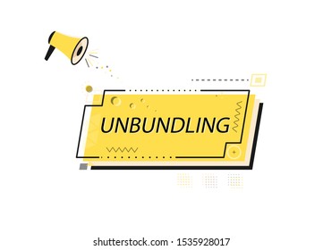 Hand held megaphone "unbundling". Ubiquity of mobile devices, Internet connectivity, consumer web technologies, social media. Yellow geometric banner. Flat vector illustration on white background.