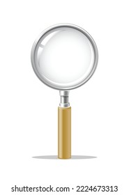 Hand held office magnifying glass vector drawing with metallic golden hand