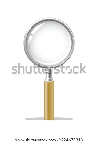 Hand held office magnifying glass vector drawing with metallic golden hand