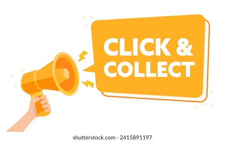 Hand Held Orange Megaphone Announcing Click Collect Service Vector Illustration