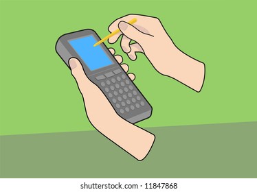 Hand held PDA mobile device with hands and pointer on green background. Vectored illustration.