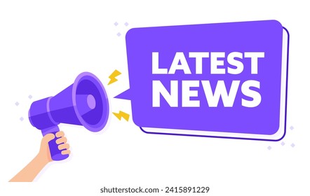 Hand Held Purple Megaphone Broadcasting Latest News in Bold Text Vector Illustration