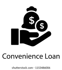 
A hand held sack of money with the dollar coin depicting convenience loan 
