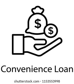 
A hand held sack of money with the dollar coin depicting convenience loan 

