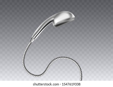 Hand held standard showerhead isolated on transparent background - realistic vector illustration. Shiny metal bathroom hygiene fixture with long shower tube.