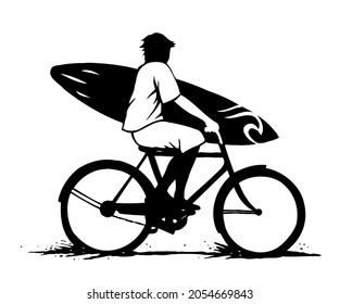 Hand held vector illustration of surfer riding a bicycle.