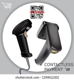 Hand held wireless barcode scanner reader scanning bar code on white background. Laser beam. Vector illustration in 3d realistic contactless style.