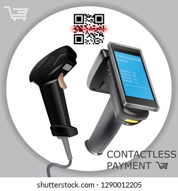 Hand held wireless barcode scanner reader scanning bar code on white background. Laser beam. Vector illustration in 3d realistic contactless style.