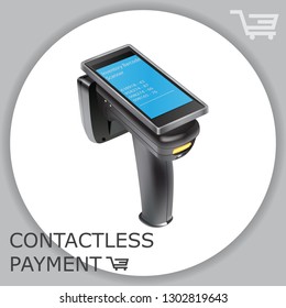 Hand held wireless barcode scanner reader scanning bar code on white background. Laser beam. Vector illustration in 3d realistic contactless style.