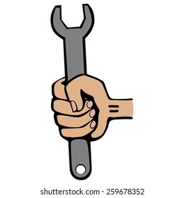 Hand held wrench. Cartoon. Flat.