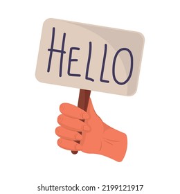 hand with hello placard isolated icon