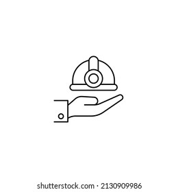 Hand With Helmet Construction safety helmet line style icon Helmet icon. Builder safety helmet vector icon isolated on white background. Construction symbol. Trendy Flat style for graphic design, Web 