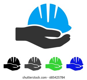 Hand With Helmet flat vector pictograph. Colored hand with helmet gray, black, blue, green pictogram versions. Flat icon style for application design.
