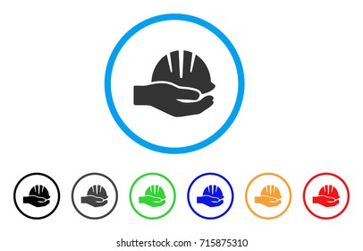 Hand With Helmet icon. Vector illustration style is a flat iconic hand with helmet grey rounded symbol inside light blue circle with black, gray, green, blue, red, orange color versions.