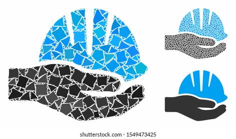 Hand with helmet mosaic of rough items in various sizes and color tints, based on hand with helmet icon. Vector irregular items are organized into illustration.