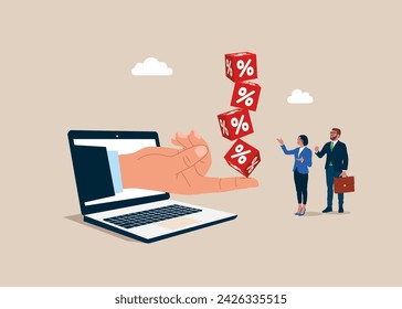 Mano ayuda a equilibrar el bloque de cubo con el porcentaje. Subida o bajada de los tipos de interés debido a la inflación. Ilustración vectorial plana 