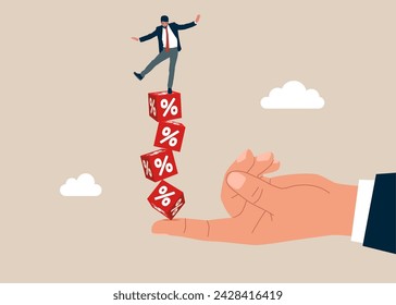 Hand help balance cube block with percentage. Crisis monetary policy number below zero growth. Flat vector illustration 
