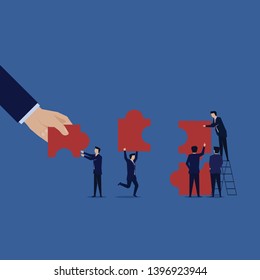 Hand help business team set up puzzle. Teamwork metaphor. Illustration For Wallpaper, Banner, Background, Book Illustration, And Web Landing Page.