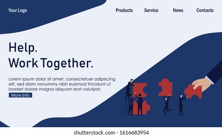 Hand help business team set up puzzle. Teamwork metaphor. Business Landing Page Template.