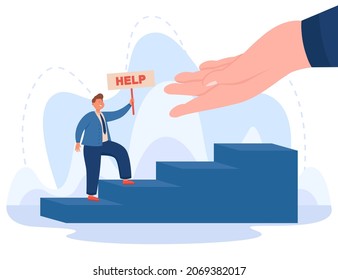 Hand of help for businessman flat vector illustration. Young man holding sign pleasing for assistance in emergency situation. Social solidarity, teamwork, charity concept