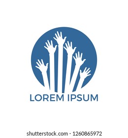 Hand help care logo and symbol vector. Diversity people group raising hands. Diverse teamwork collaboration concept.
