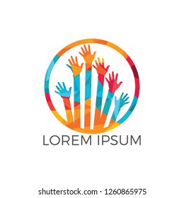 Hand help care logo and symbol vector. Diversity people group raising hands. Diverse teamwork collaboration concept.