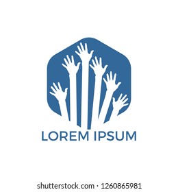 Hand help care logo and symbol vector. Diversity people group raising hands. Diverse teamwork collaboration concept.