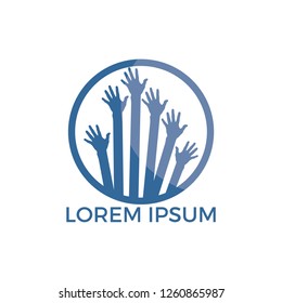 Hand help care logo and symbol vector. Diversity people group raising hands. Diverse teamwork collaboration concept.
