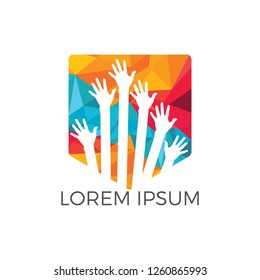 Hand help care logo and symbol vector. Diversity people group raising hands. Diverse teamwork collaboration concept.