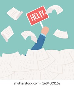 mano con ayuda letras de pila papeleo trabajo de oficina frustración estrés ilustración vectorial