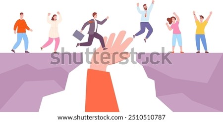 Hand of help. Team members jumping over mountain crack isolated on white background