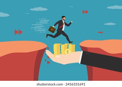 Hand helping businessman overcoming obstacles. Money gap, financial help for business or citizen. Bank loan, credit line. Way to wealth. Teamwork, collaboration. Business risk and success. Flat vector