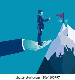 Hand helping businessman to reach his target. Business concept vector illustration