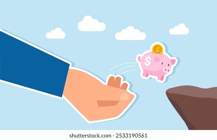 A hand helping a piggy bank jump over a gap, illustration of third-party assistance in saving business investments  