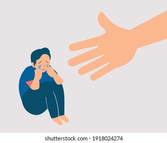 A hand helps a male to get rid of depression. A young adult crying and covering his face. Lonely boy needs support and care because of stress, anxiety. Mental health concept. Vector illustration.