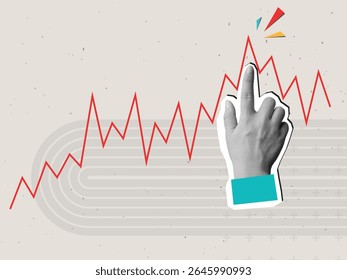 La mano ayuda a que el gráfico rojo crezca. Estilo moderno del collage de la foto. Ilustración vectorial
