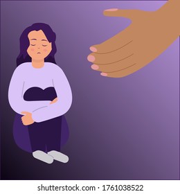 Hand helps a sad woman to get rid of depression. A young unhappy girl sits and hugs her knees. The concept of support and care for people under stress. Vector illustration, eps 10